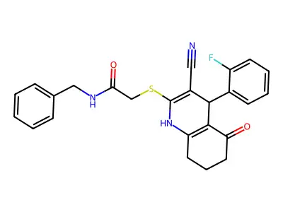 N-benzyl-2-[[3-cyano-4-(2-fluorophenyl)-5-oxo-4,6,7,8-tetrahydro-1H-quinolin-2-yl]sulfanyl]acetamide structure