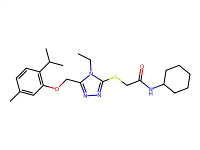 N-cyclohexyl-2-[(4-ethyl-5-{[5-methyl-2-(propan-2-yl)phenoxy]methyl}-4H-1,2,4-triazol-3-yl)sulfanyl]acetamide structure