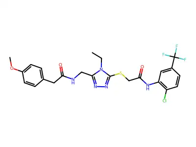 N-[[5-[2-[2-chloro-5-(trifluoromethyl)anilino]-2-oxoethyl]sulfanyl-4-ethyl-1,2,4-triazol-3-yl]methyl]-2-(4-methoxyphenyl)acetamide structure