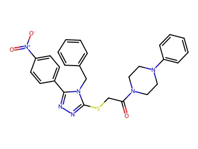 2-[[4-benzyl-5-(4-nitrophenyl)-1,2,4-triazol-3-yl]sulfanyl]-1-(4-phenylpiperazin-1-yl)ethanone structure