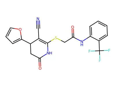2-[[5-cyano-4-(furan-2-yl)-2-oxo-3,4-dihydro-1H-pyridin-6-yl]sulfanyl]-N-[2-(trifluoromethyl)phenyl]acetamide structure