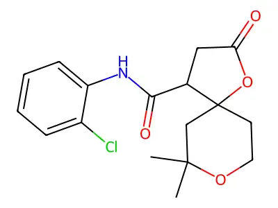 N-(2-chlorophenyl)-7,7-dimethyl-2-oxo-1,8-dioxaspiro[4.5]decane-4-carboxamide structure