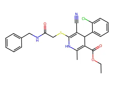 ethyl 6-((2-(benzylamino)-2-oxoethyl)thio)-4-(2-chlorophenyl)-5-cyano-2-methyl-1,4-dihydropyridine-3-carboxylate structure