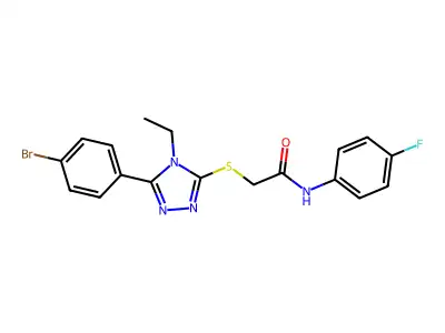 2-[[5-(4-bromophenyl)-4-ethyl-1,2,4-triazol-3-yl]sulfanyl]-N-(4-fluorophenyl)acetamide structure