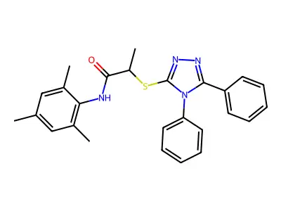 2-[(4,5-diphenyl-4H-1,2,4-triazol-3-yl)sulfanyl]-N-(2,4,6-trimethylphenyl)propanamide structure