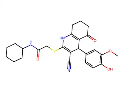 2-[[3-cyano-4-(4-hydroxy-3-methoxyphenyl)-5-oxo-4,6,7,8-tetrahydro-1H-quinolin-2-yl]sulfanyl]-N-cyclohexylacetamide structure