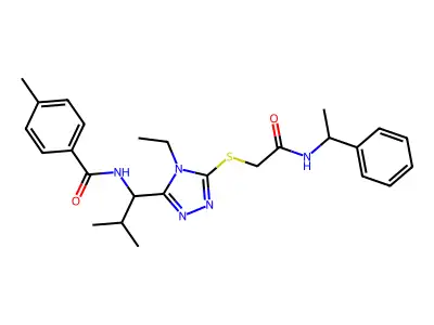 N-{1-[4-ethyl-5-({2-oxo-2-[(1-phenylethyl)amino]ethyl}sulfanyl)-4H-1,2,4-triazol-3-yl]-2-methylpropyl}-4-methylbenzamide structure