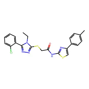 2-[[5-(2-chlorophenyl)-4-ethyl-1,2,4-triazol-3-yl]sulfanyl]-N-[4-(4-methylphenyl)-1,3-thiazol-2-yl]acetamide structure