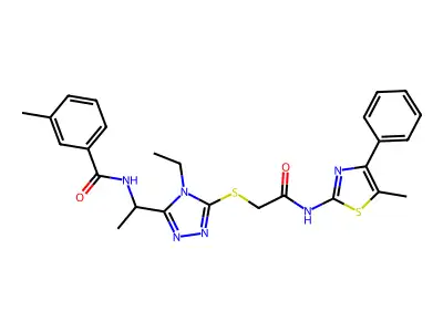 N-[1-[4-ethyl-5-[2-[(5-methyl-4-phenyl-1,3-thiazol-2-yl)amino]-2-oxoethyl]sulfanyl-1,2,4-triazol-3-yl]ethyl]-3-methylbenzamide structure