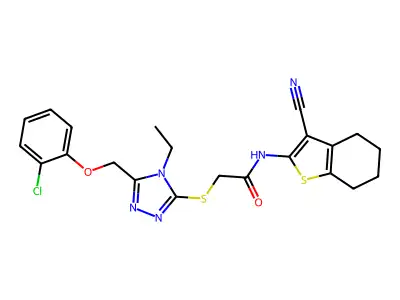 2-({5-[(2-chlorophenoxy)methyl]-4-ethyl-4H-1,2,4-triazol-3-yl}sulfanyl)-N-(3-cyano-4,5,6,7-tetrahydro-1-benzothiophen-2-yl)acetamide structure