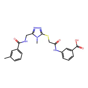 3-[({[4-methyl-5-({[(3-methylphenyl)carbonyl]amino}methyl)-4H-1,2,4-triazol-3-yl]sulfanyl}acetyl)amino]benzoic acid structure