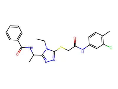 N-[1-[5-[2-(3-chloro-4-methylanilino)-2-oxoethyl]sulfanyl-4-ethyl-1,2,4-triazol-3-yl]ethyl]benzamide structure