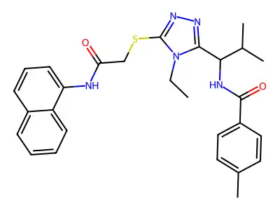 N-[1-(4-ethyl-5-{[2-(naphthalen-1-ylamino)-2-oxoethyl]sulfanyl}-4H-1,2,4-triazol-3-yl)-2-methylpropyl]-4-methylbenzamide structure