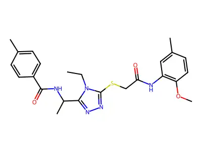 N-{1-[4-ethyl-5-({2-[(2-methoxy-5-methylphenyl)amino]-2-oxoethyl}sulfanyl)-4H-1,2,4-triazol-3-yl]ethyl}-4-methylbenzamide structure