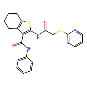 N-phenyl-2-[(2-pyrimidin-2-ylsulfanylacetyl)amino]-4,5,6,7-tetrahydro-1-benzothiophene-3-carboxamide structure