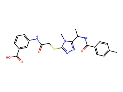 3-[({[4-methyl-5-(1-{[(4-methylphenyl)carbonyl]amino}ethyl)-4H-1,2,4-triazol-3-yl]sulfanyl}acetyl)amino]benzoic acid structure