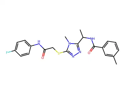 N-{1-[5-({2-[(4-fluorophenyl)amino]-2-oxoethyl}sulfanyl)-4-methyl-4H-1,2,4-triazol-3-yl]ethyl}-3-methylbenzamide structure