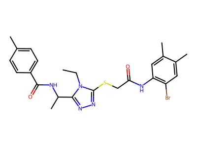 N-[1-[5-[2-(2-bromo-4,5-dimethylanilino)-2-oxoethyl]sulfanyl-4-ethyl-1,2,4-triazol-3-yl]ethyl]-4-methylbenzamide structure