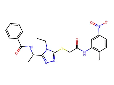 N-{1-[4-ethyl-5-({2-[(2-methyl-5-nitrophenyl)amino]-2-oxoethyl}sulfanyl)-4H-1,2,4-triazol-3-yl]ethyl}benzamide structure