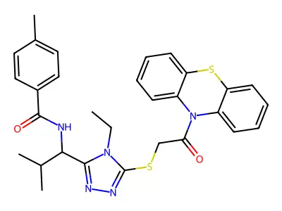 N-[1-(4-ethyl-5-{[2-oxo-2-(10H-phenothiazin-10-yl)ethyl]sulfanyl}-4H-1,2,4-triazol-3-yl)-2-methylpropyl]-4-methylbenzamide structure