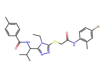 N-[1-[5-[2-(4-bromo-2-methylanilino)-2-oxoethyl]sulfanyl-4-ethyl-1,2,4-triazol-3-yl]-2-methylpropyl]-4-methylbenzamide structure