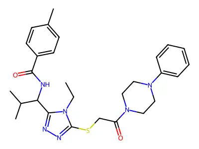 N-[1-(4-ethyl-5-{[2-oxo-2-(4-phenylpiperazin-1-yl)ethyl]sulfanyl}-4H-1,2,4-triazol-3-yl)-2-methylpropyl]-4-methylbenzamide structure