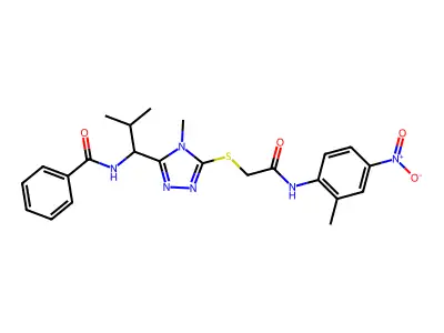 N-[2-methyl-1-[4-methyl-5-[2-(2-methyl-4-nitroanilino)-2-oxoethyl]sulfanyl-1,2,4-triazol-3-yl]propyl]benzamide structure