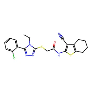 2-[[5-(2-chlorophenyl)-4-ethyl-1,2,4-triazol-3-yl]sulfanyl]-N-(3-cyano-4,5,6,7-tetrahydro-1-benzothiophen-2-yl)acetamide structure
