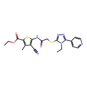 ethyl 4-cyano-5-[[2-[(4-ethyl-5-pyridin-4-yl-1,2,4-triazol-3-yl)sulfanyl]acetyl]amino]-3-methylthiophene-2-carboxylate structure