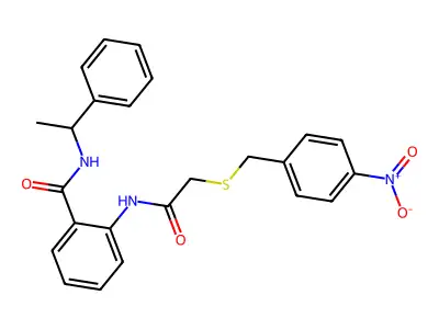 2-[[2-[(4-nitrophenyl)methylsulfanyl]acetyl]amino]-N-(1-phenylethyl)benzamide structure