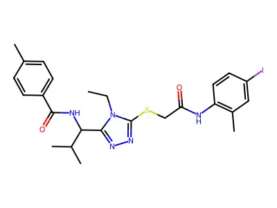 N-{1-[4-ethyl-5-({2-[(4-iodo-2-methylphenyl)amino]-2-oxoethyl}sulfanyl)-4H-1,2,4-triazol-3-yl]-2-methylpropyl}-4-methylbenzamide structure