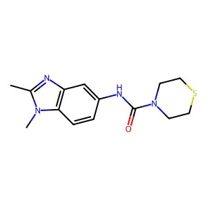 N-(1,2-dimethylbenzimidazol-5-yl)thiomorpholine-4-carboxamide structure