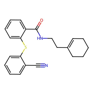 2-(2-cyanophenyl)sulfanyl-N-[2-(cyclohexen-1-yl)ethyl]benzamide structure