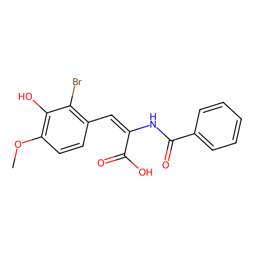 (E)-2-benzamido-3-(2-bromo-3-hydroxy-4-methoxyphenyl)prop-2-enoic acid structure