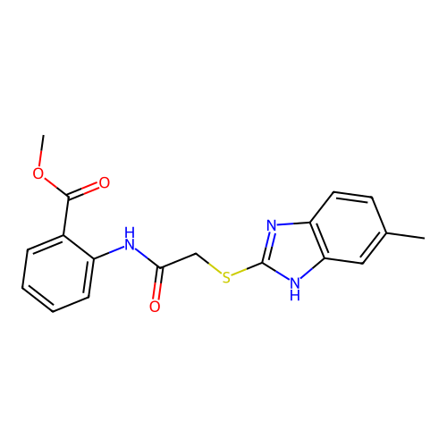 methyl 2-({[(5-methyl-1H-benzimidazol-2-yl)thio]acetyl}amino)benzoate structure