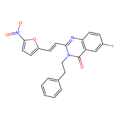 6-iodo-2-[(E)-2-(5-nitrofuran-2-yl)ethenyl]-3-phenethylquinazolin-4-one structure