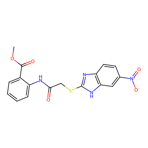 methyl 2-({[(5-nitro-1H-benzimidazol-2-yl)thio]acetyl}amino)benzoate structure