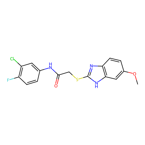 N-(3-chloro-4-fluorophenyl)-2-[(5-methoxy-1H-benzimidazol-2-yl)thio]acetamide structure