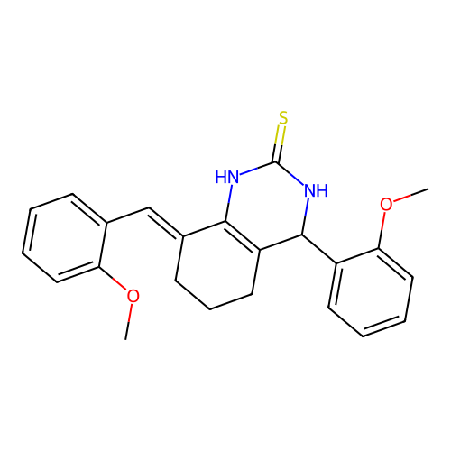 (8E)-4-(2-methoxyphenyl)-8-[(2-methoxyphenyl)methylidene]-1,3,4,5,6,7-hexahydroquinazoline-2-thione structure