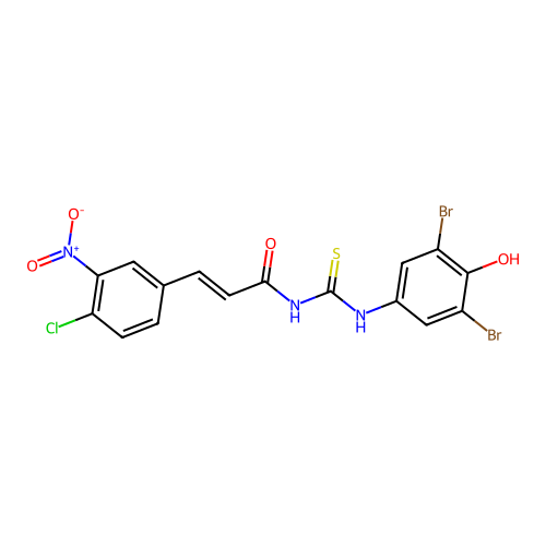 3-(4-chloro-3-nitro-phenyl)-N-[(3,5-dibromo-4-hydroxy-phenyl)thiocarbamoyl]prop-2-enamide structure