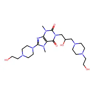 8-[4-(2-hydroxyethyl)piperazin-1-yl]-1-[2-hydroxy-3-[4-(2-hydroxyethyl)piperazin-1-yl]propyl]-3,7-dimethyl-purine-2,6-dione structure