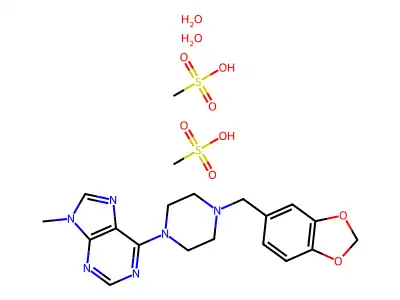 9H-Purine, 9-methyl-6-(4-piperonyl-1-piperazinyl)-, bis(methanesulfonate), dihydrate structure
