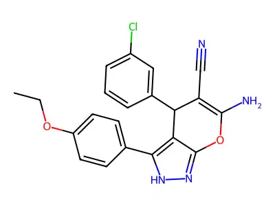 6-amino-4-(3-chlorophenyl)-3-(4-ethoxyphenyl)-1,4-dihydropyrano[2,3-c]pyrazole-5-carbonitrile structure
