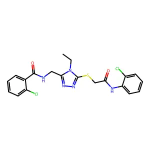 2-chloro-N-[[5-[2-(2-chloroanilino)-2-oxoethyl]sulfanyl-4-ethyl-1,2,4-triazol-3-yl]methyl]benzamide structure