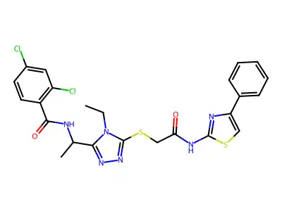 2,4-dichloro-N-[1-[4-ethyl-5-[2-oxo-2-[(4-phenyl-1,3-thiazol-2-yl)amino]ethyl]sulfanyl-1,2,4-triazol-3-yl]ethyl]benzamide structure