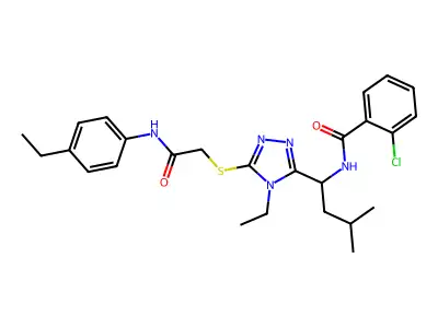 2-chloro-N-[1-[4-ethyl-5-[2-(4-ethylanilino)-2-oxoethyl]sulfanyl-1,2,4-triazol-3-yl]-3-methylbutyl]benzamide structure