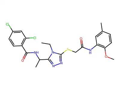 2,4-dichloro-N-[1-[4-ethyl-5-[2-(2-methoxy-5-methylanilino)-2-oxoethyl]sulfanyl-1,2,4-triazol-3-yl]ethyl]benzamide structure