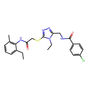 4-chloro-N-[[4-ethyl-5-[2-(2-ethyl-6-methylanilino)-2-oxoethyl]sulfanyl-1,2,4-triazol-3-yl]methyl]benzamide structure