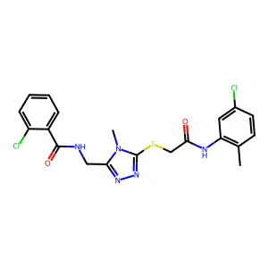 2-chloro-N-[[5-[2-(5-chloro-2-methylanilino)-2-oxoethyl]sulfanyl-4-methyl-1,2,4-triazol-3-yl]methyl]benzamide structure