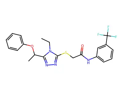 2-[[4-ethyl-5-(1-phenoxyethyl)-1,2,4-triazol-3-yl]sulfanyl]-N-[3-(trifluoromethyl)phenyl]acetamide structure